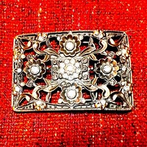 Metal Belt Buckle Womens Flower Rhinestones Gold Tone Western Boho Brass Look